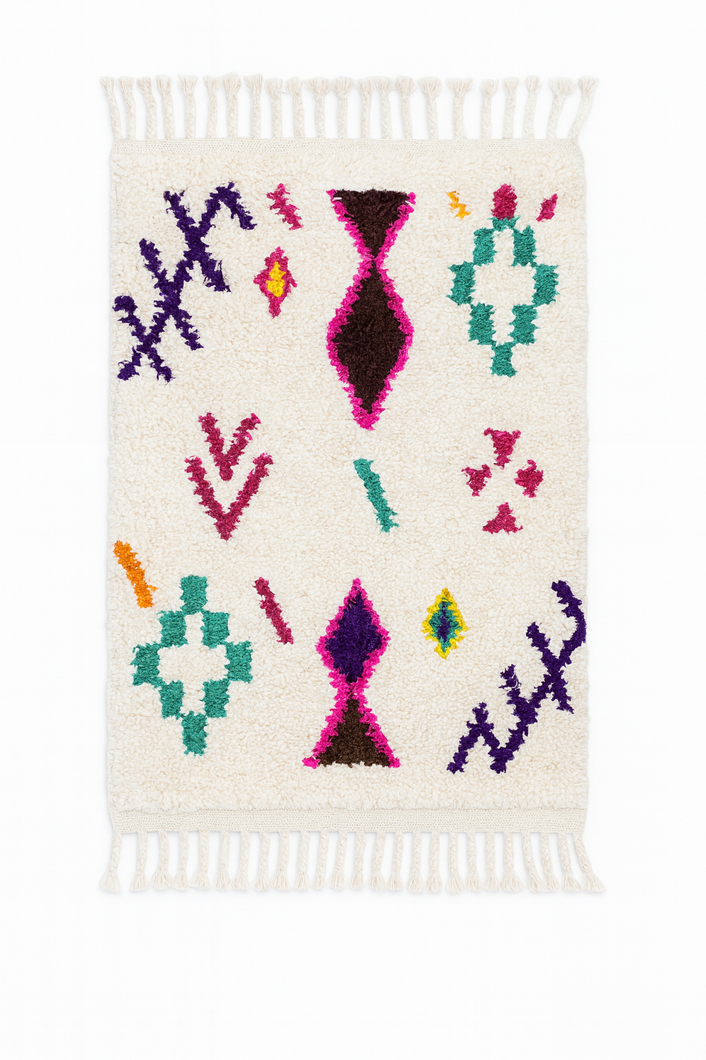 Handwoven Azilal mini rug with ivory base and colorful Berber symbolic motifs.