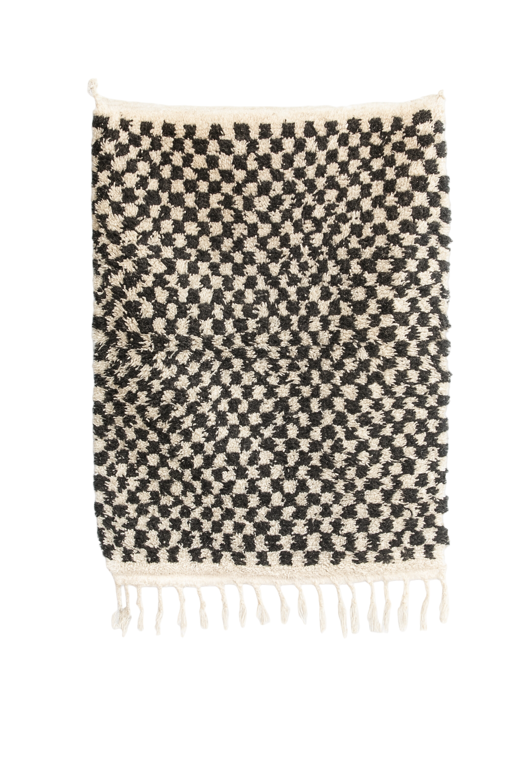 Handwoven Beni Ourain mini rug with black and ivory vortex checker pattern.