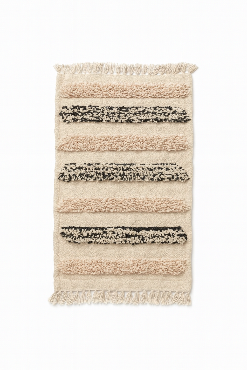 Handwoven Beni Ourain mini rug with ivory wool base and neutral textured stripe pattern.