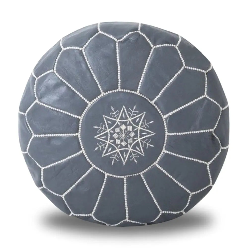 Gray Moroccan Leather Ottoman Pouffe