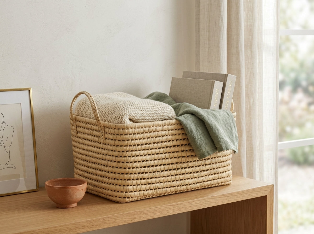 Woven basket with a green towel on a wooden surface near a window