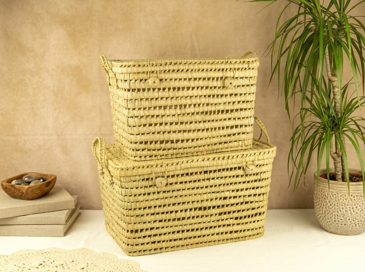 Agafay Souk Palm Leaf Lidded Storage Basket