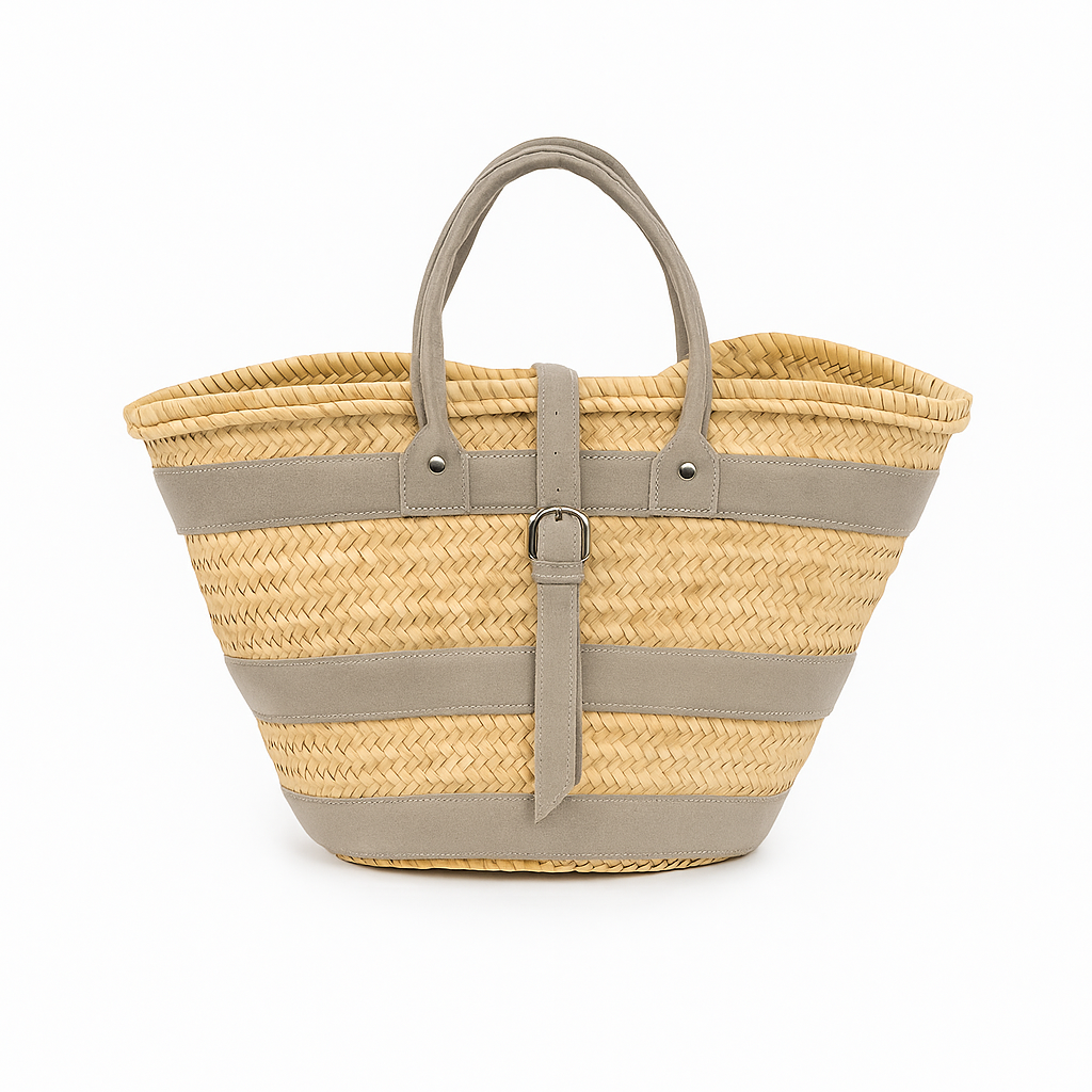 Stone Medina Basket — natural palm weave with taupe leather straps and buckle, artisan-made in Morocco