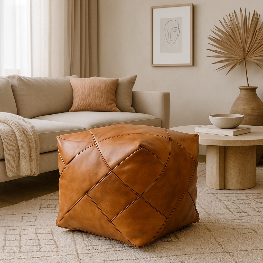 Agafay Lines Square Moroccan Leather Ottoman