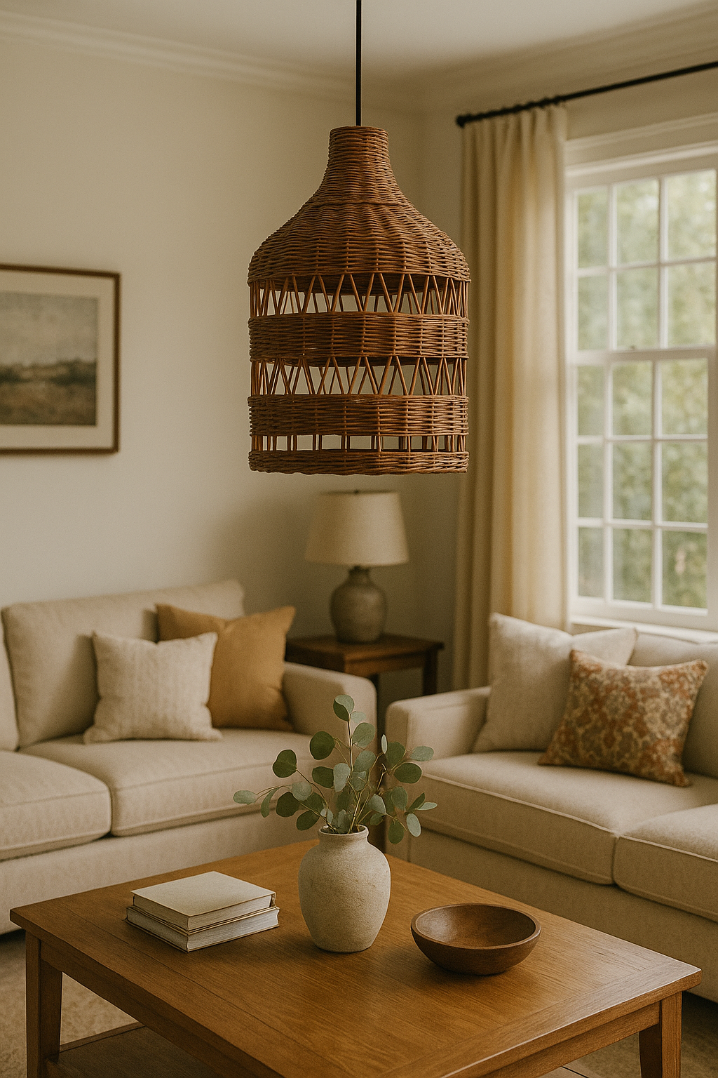 Handwoven rattan pendant lamp suspended in a cozy American-style living room with cream sofas, wooden coffee table, neutral pillows, and large window with natural daylight
