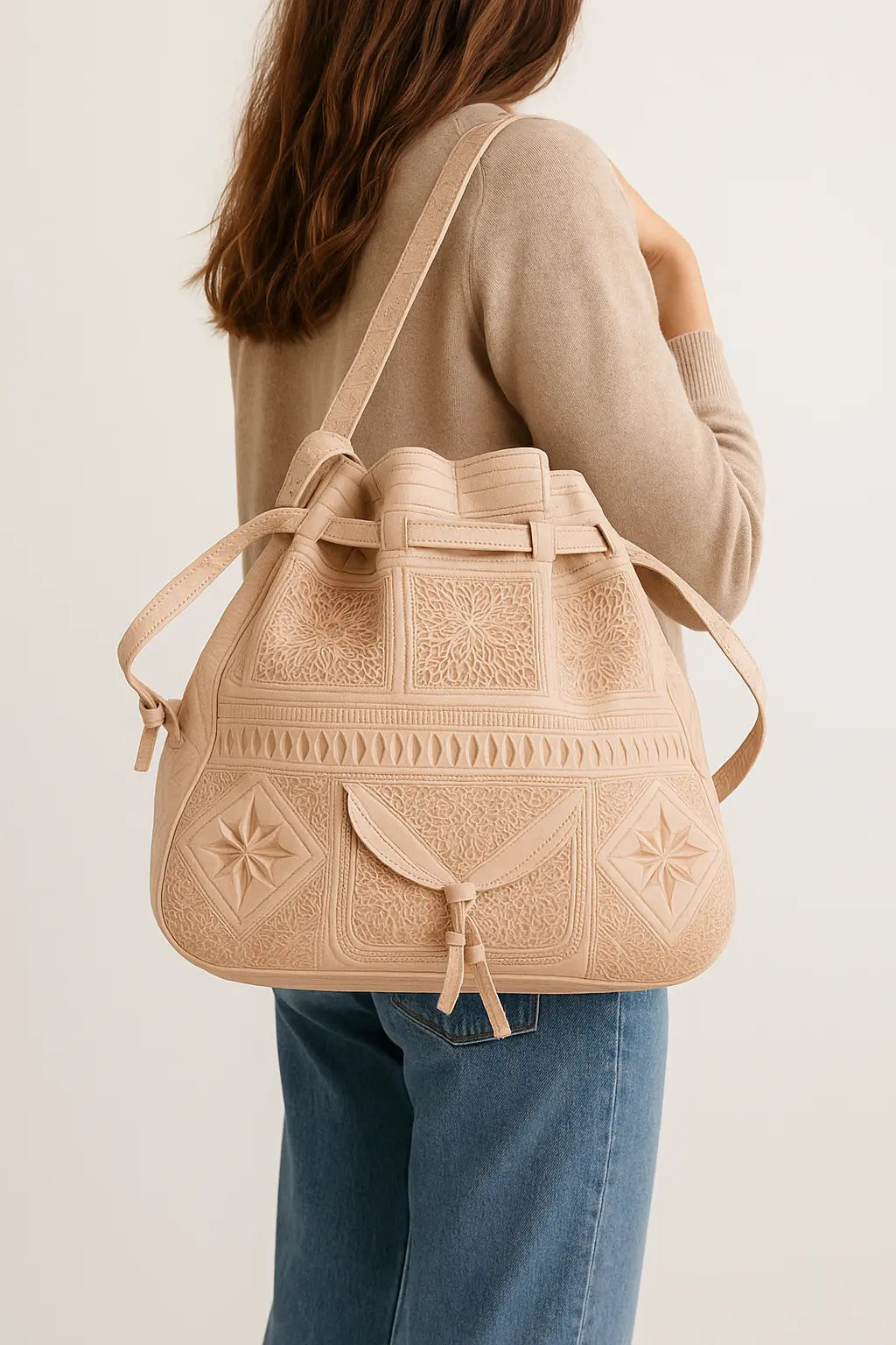 Agafay Souk Sundust Drawstring Leather Convertible Backpack
