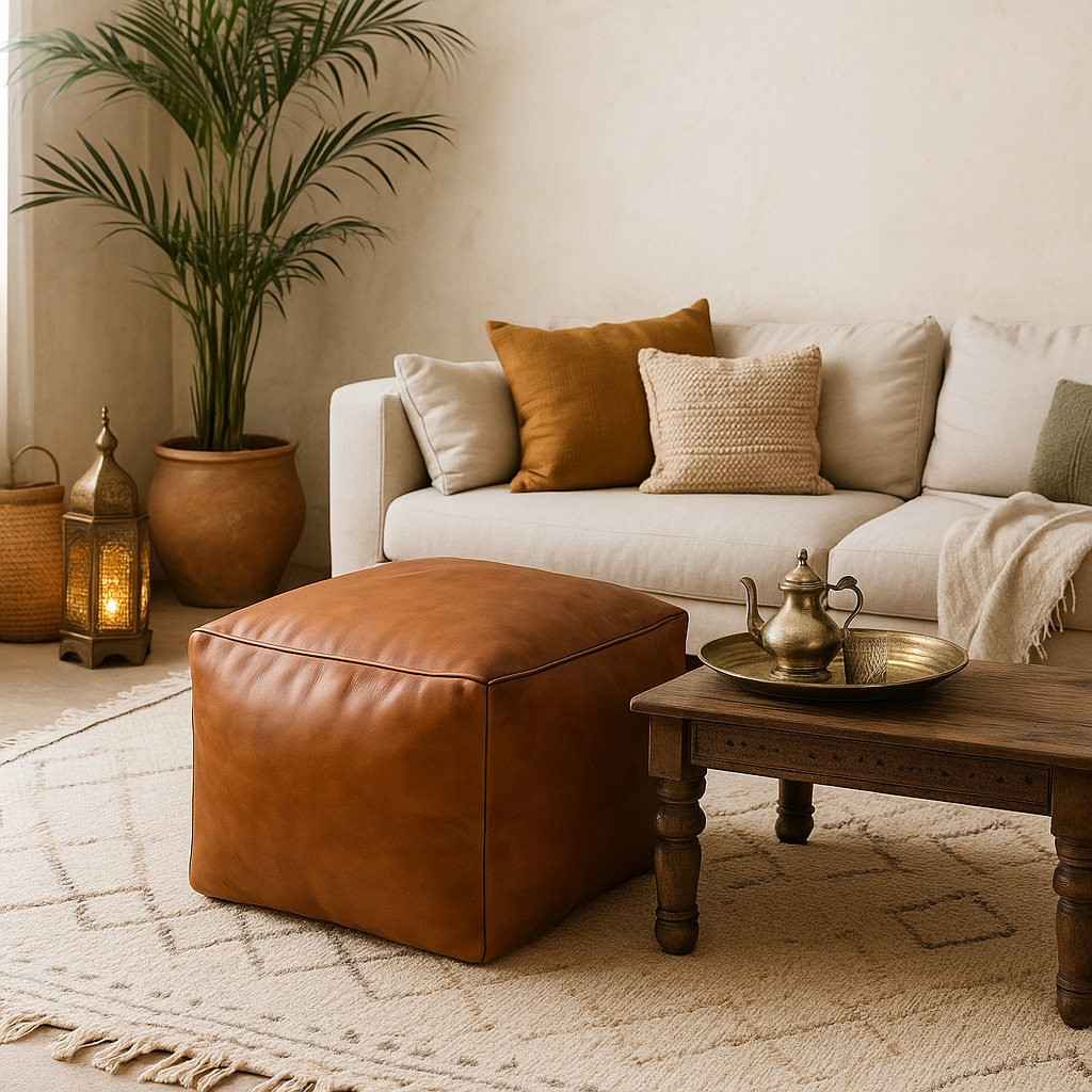 Amber Saddle Square Moroccan Leather Ottoman