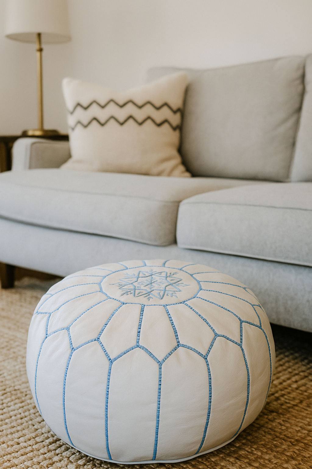 Azure Bloom Moroccan leather Ottoman Pouffe