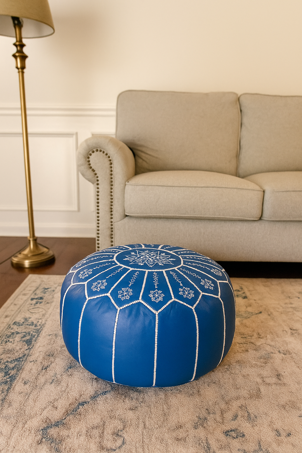 Azure Star Moroccan leather Ottoman Pouffe
