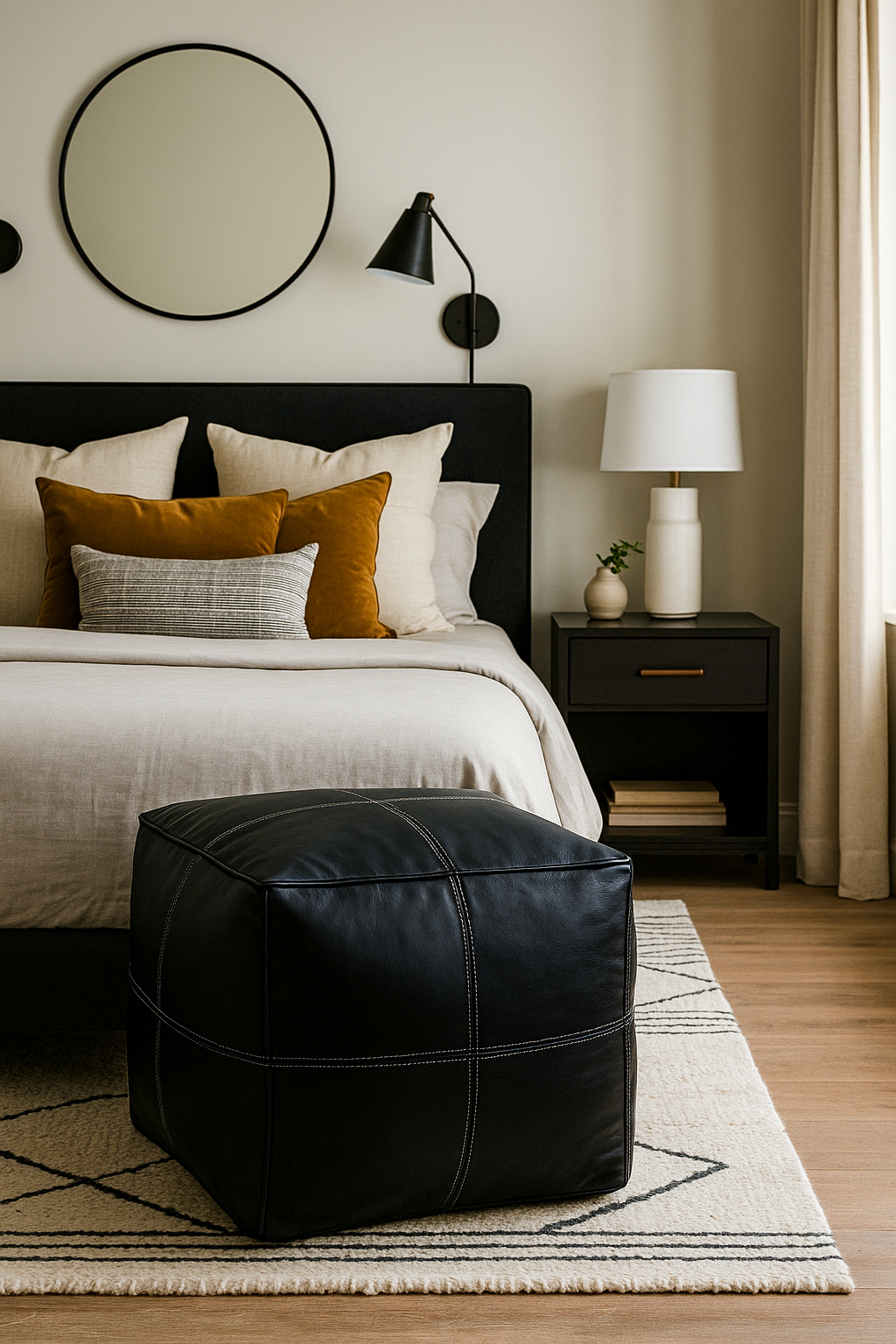 Black Ember Square Moroccan Leather Ottoman