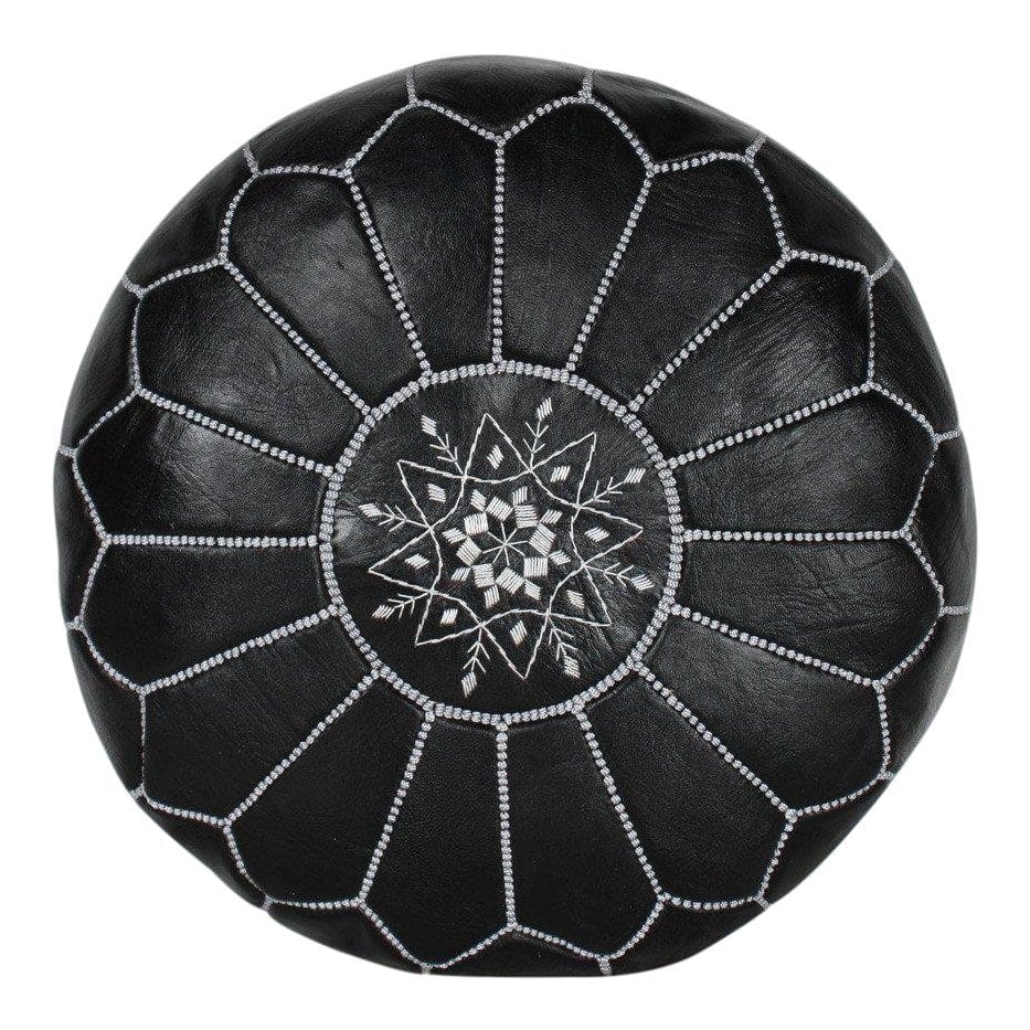 Black Moroccan leather Ottoman Pouffe