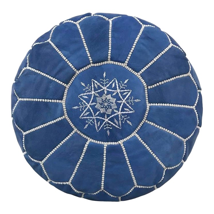 Blue & White Moroccan Leather Ottoman Pouffe