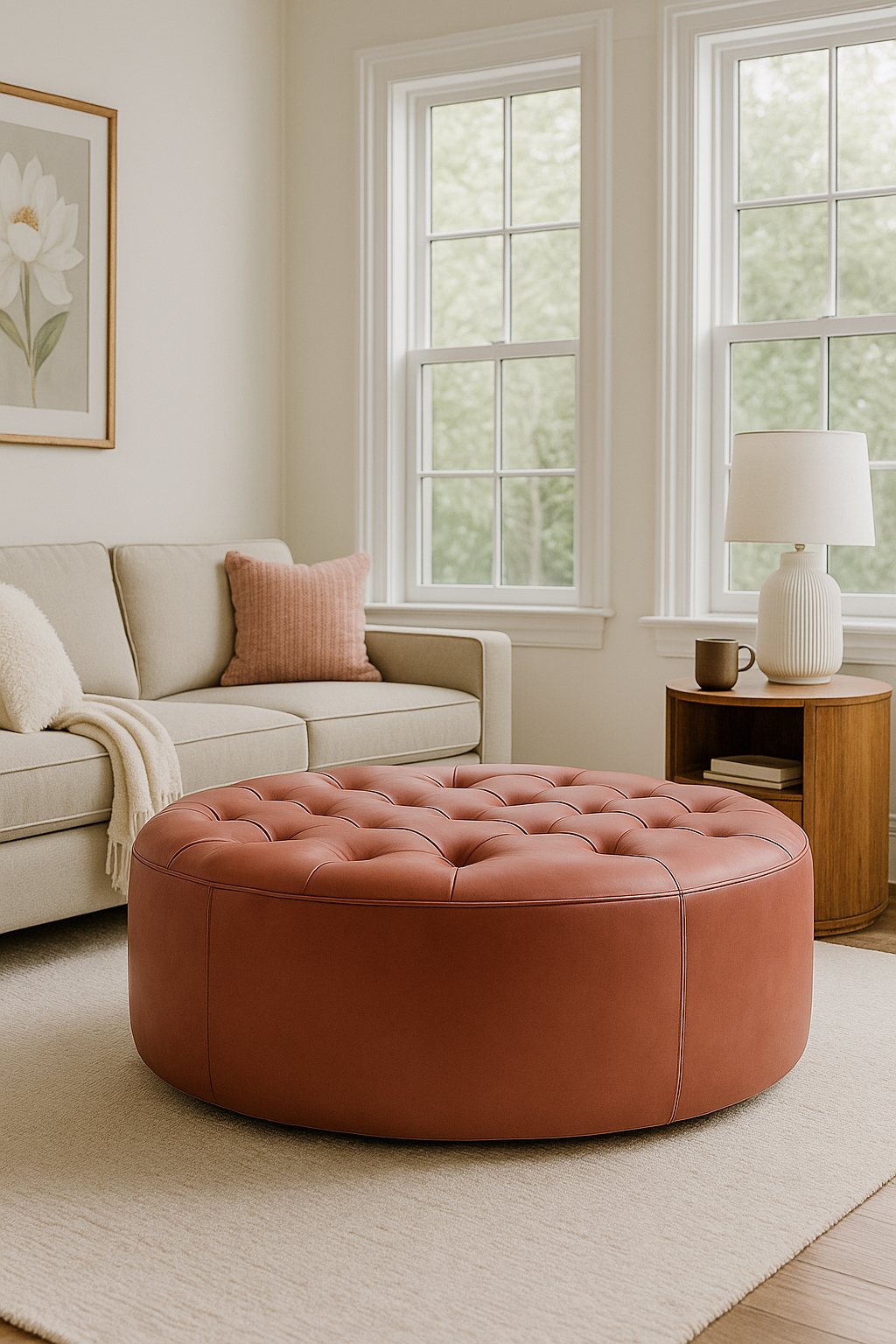 Blush Kasbah Round Moroccan Leather Ottoman