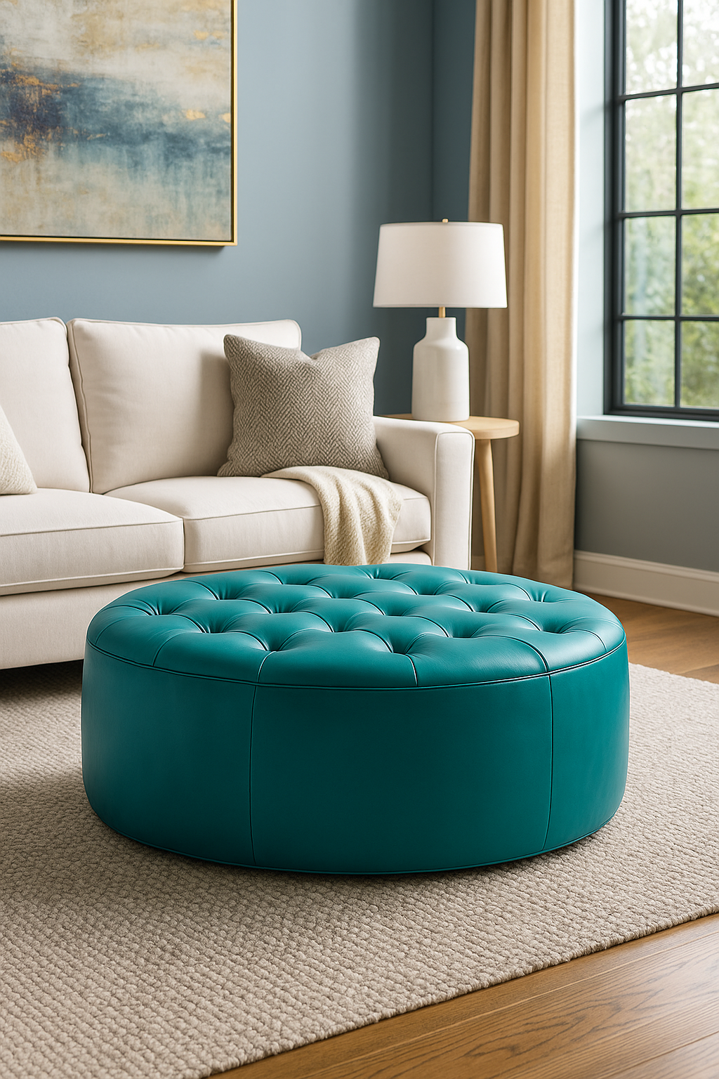 Casbah Teal Round Moroccan Leather Ottoman