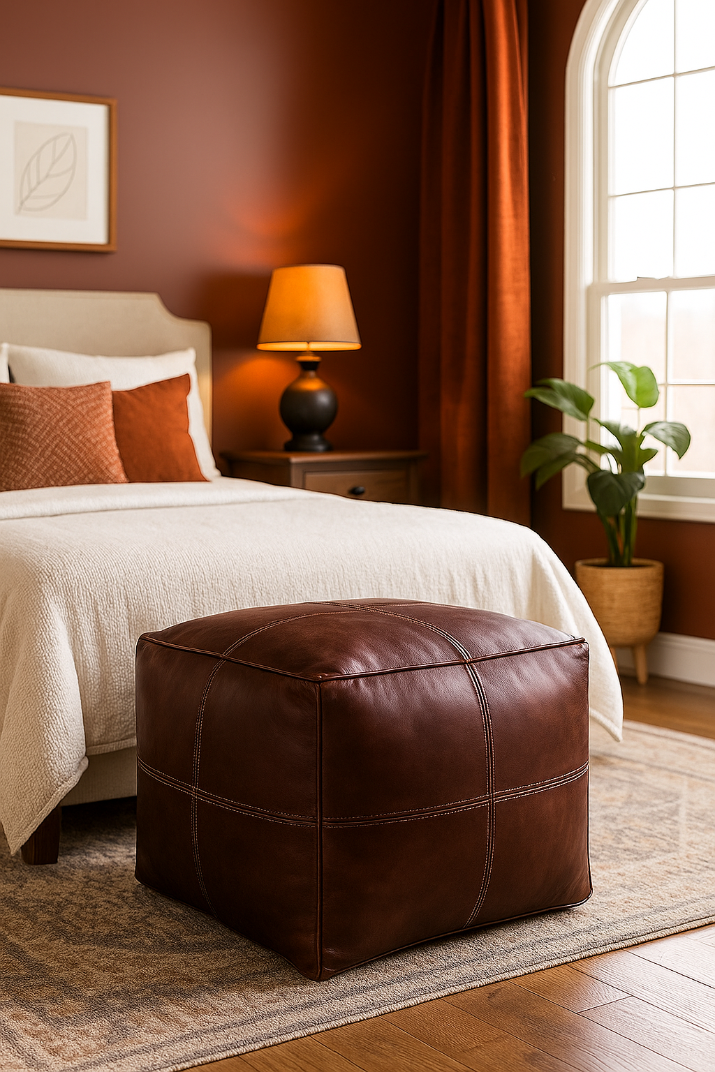 Casbah Stitched Square Moroccan Leather Ottoman