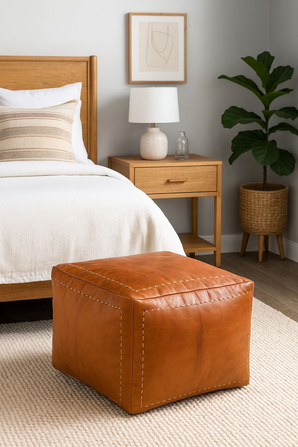 Cognac Stitch Square Moroccan Leather Ottoman