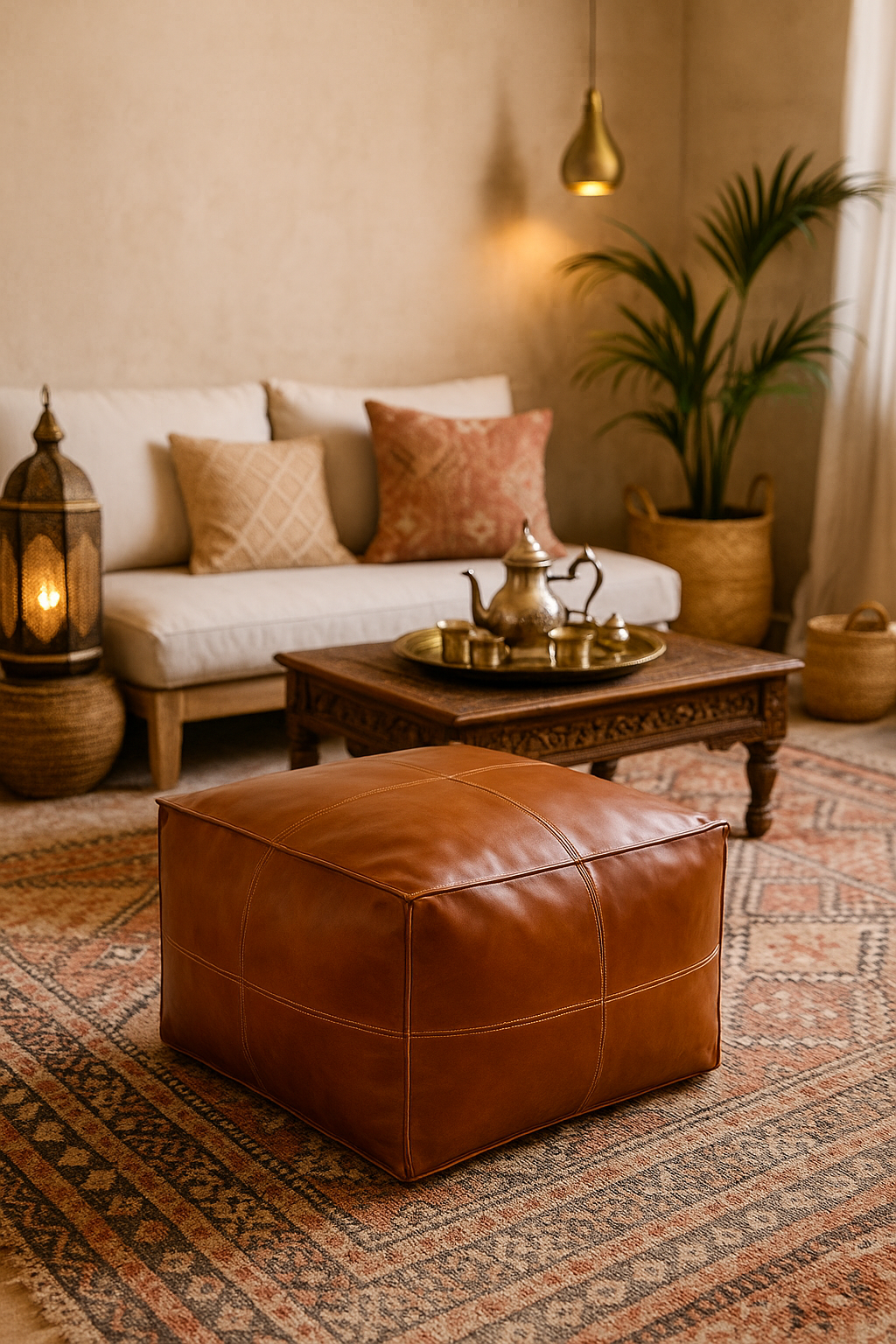 Desert Glow Square Moroccan Leather Ottoman