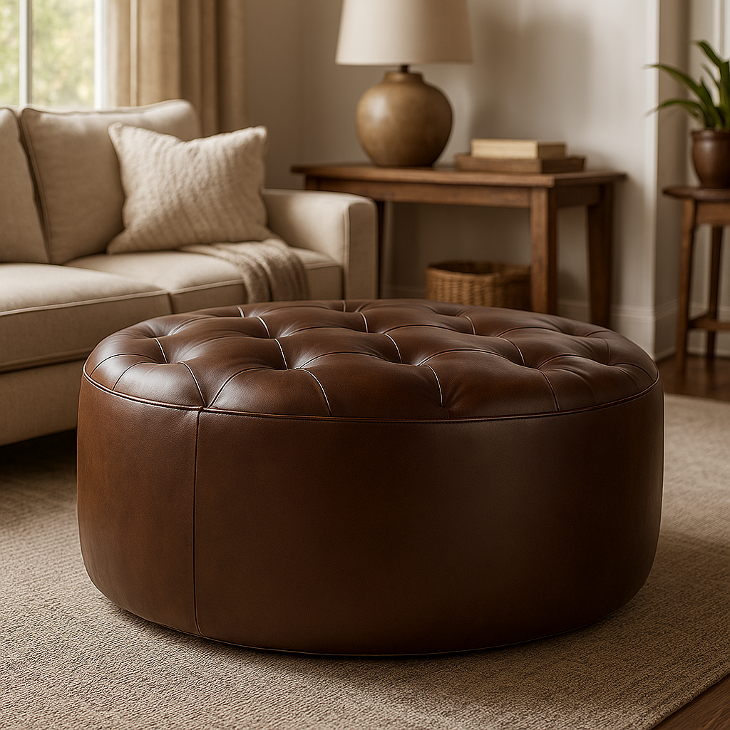 Brown leather ottoman in a living room setting with a beige sofa and wooden side table.
