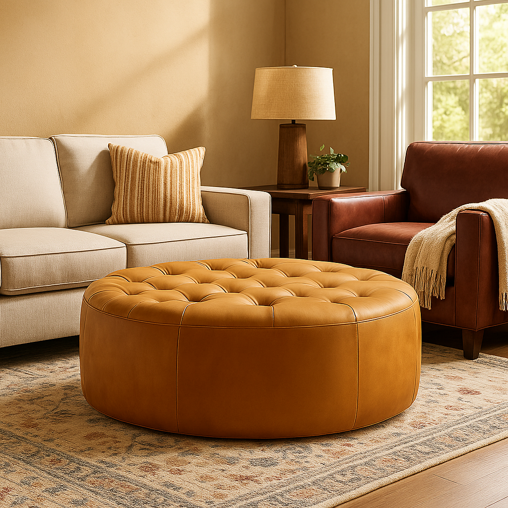 Living room with beige sofa, brown ottoman, and brown armchair.