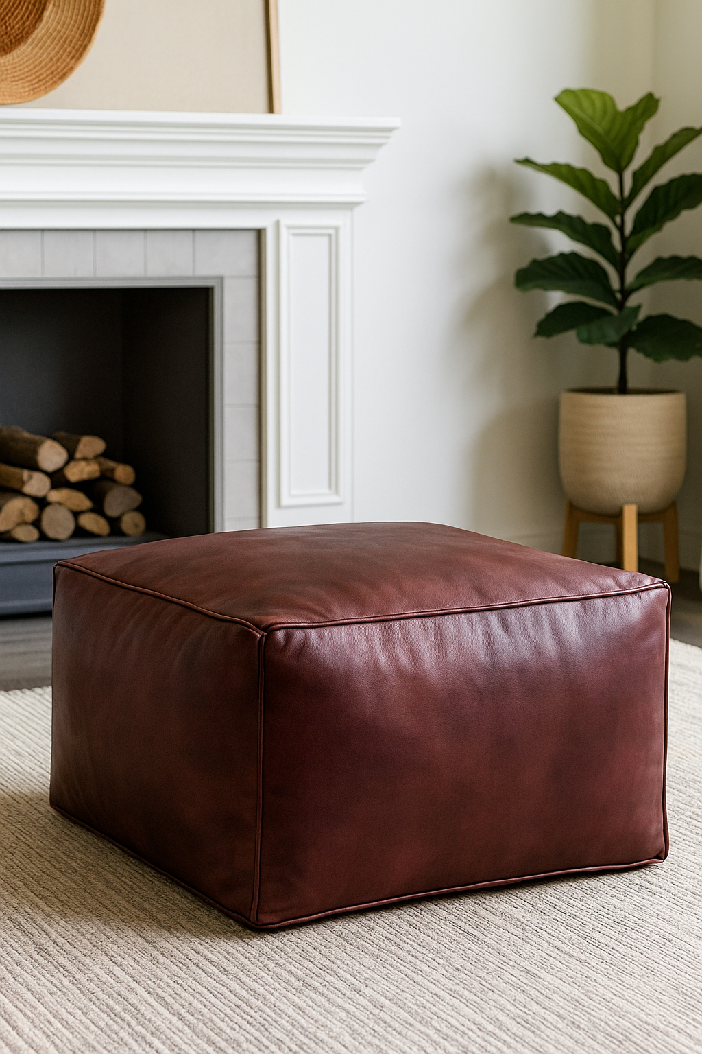 Dusk Brown Square Moroccan Leather Ottoman