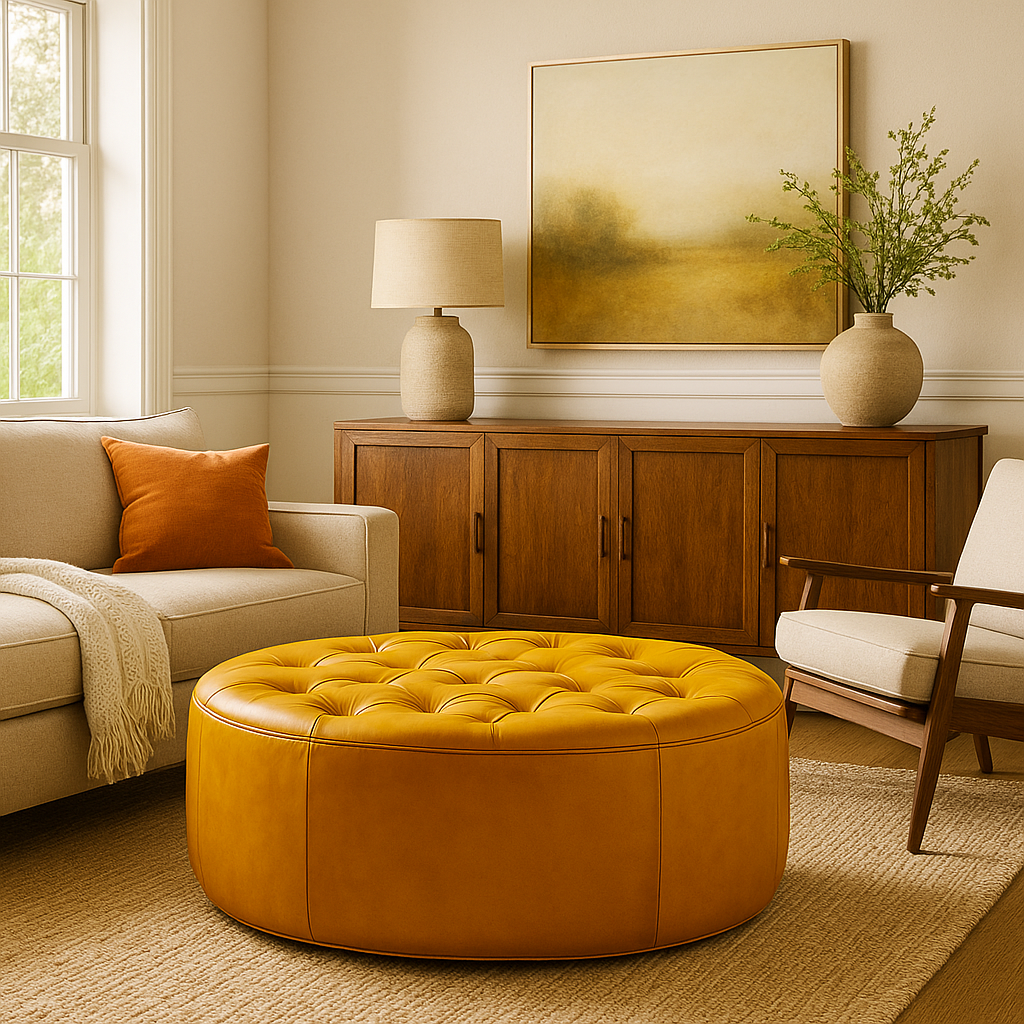 Golden Dune Round Moroccan Leather Ottoman
