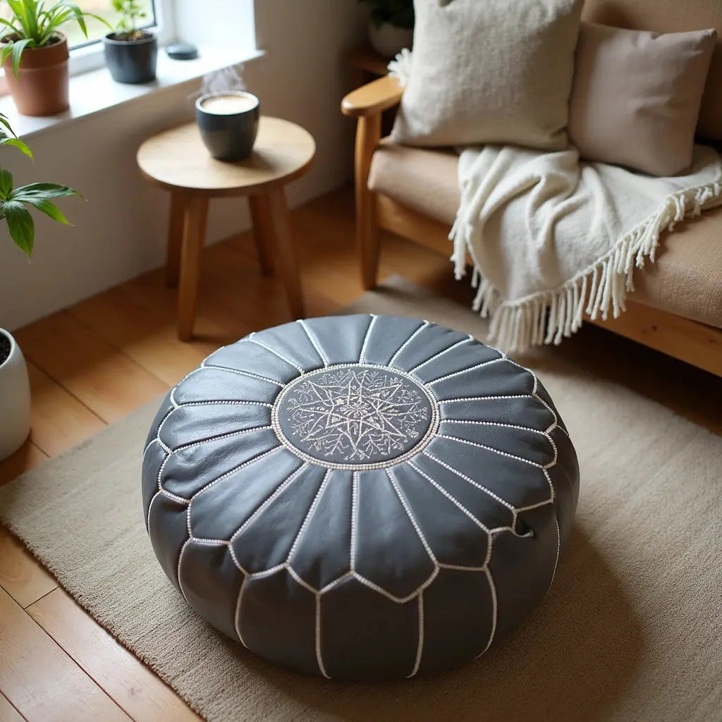 Gray Moroccan Leather Ottoman Pouffe