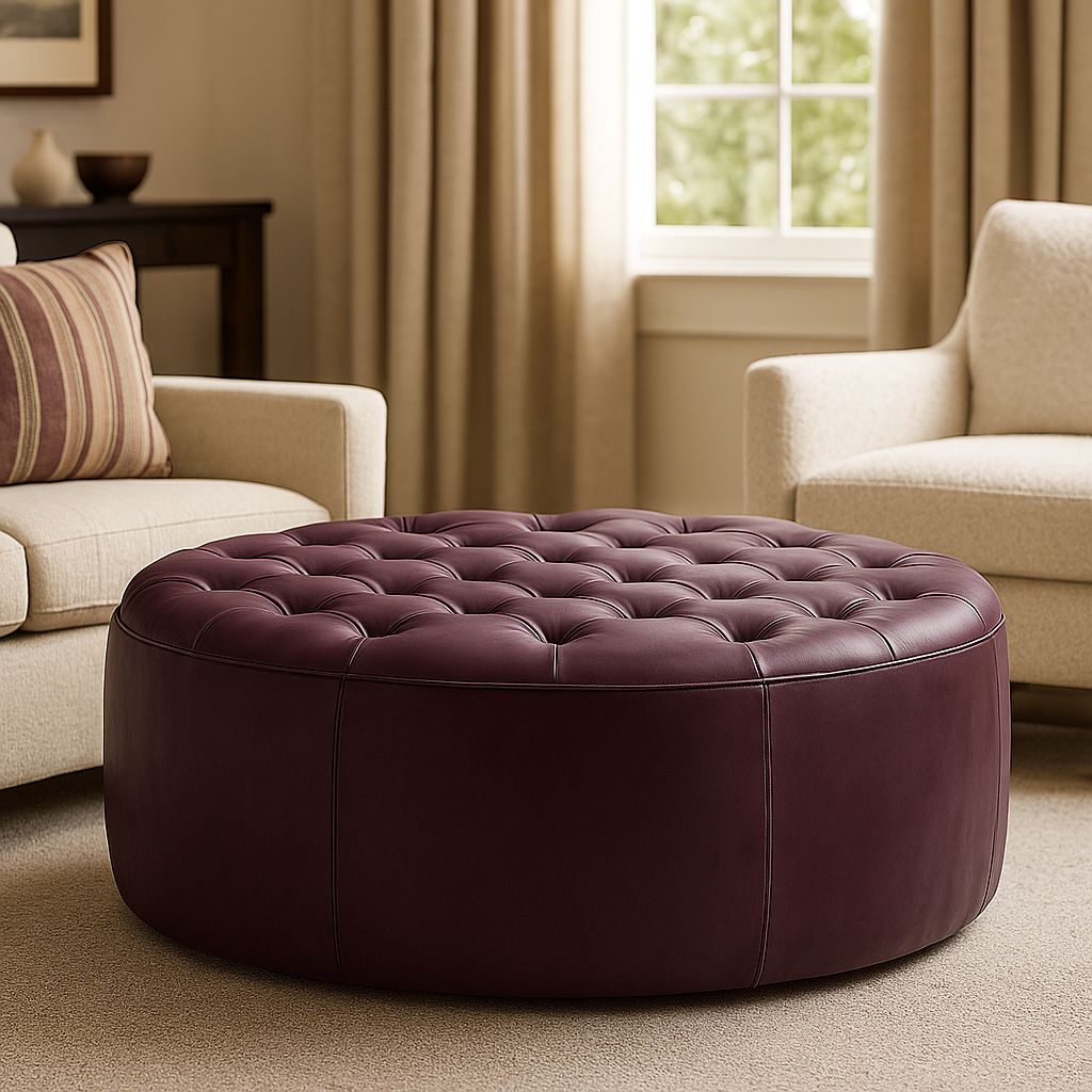 Majorelle Plum Round Moroccan Leather Ottoman