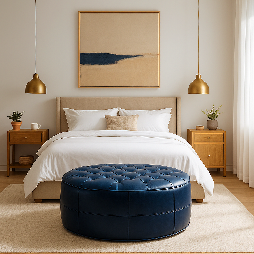 Navy Kasbah Round Moroccan Leather Ottoman
