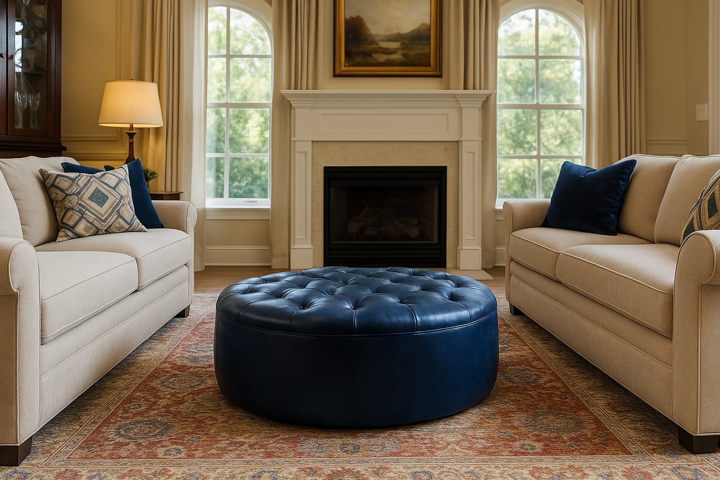 Navy Kasbah Round Moroccan Leather Ottoman