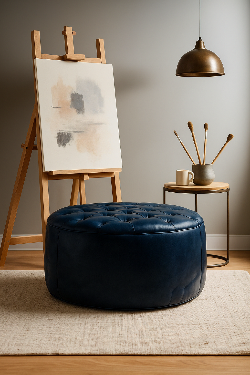 Navy Kasbah Round Moroccan Leather Ottoman