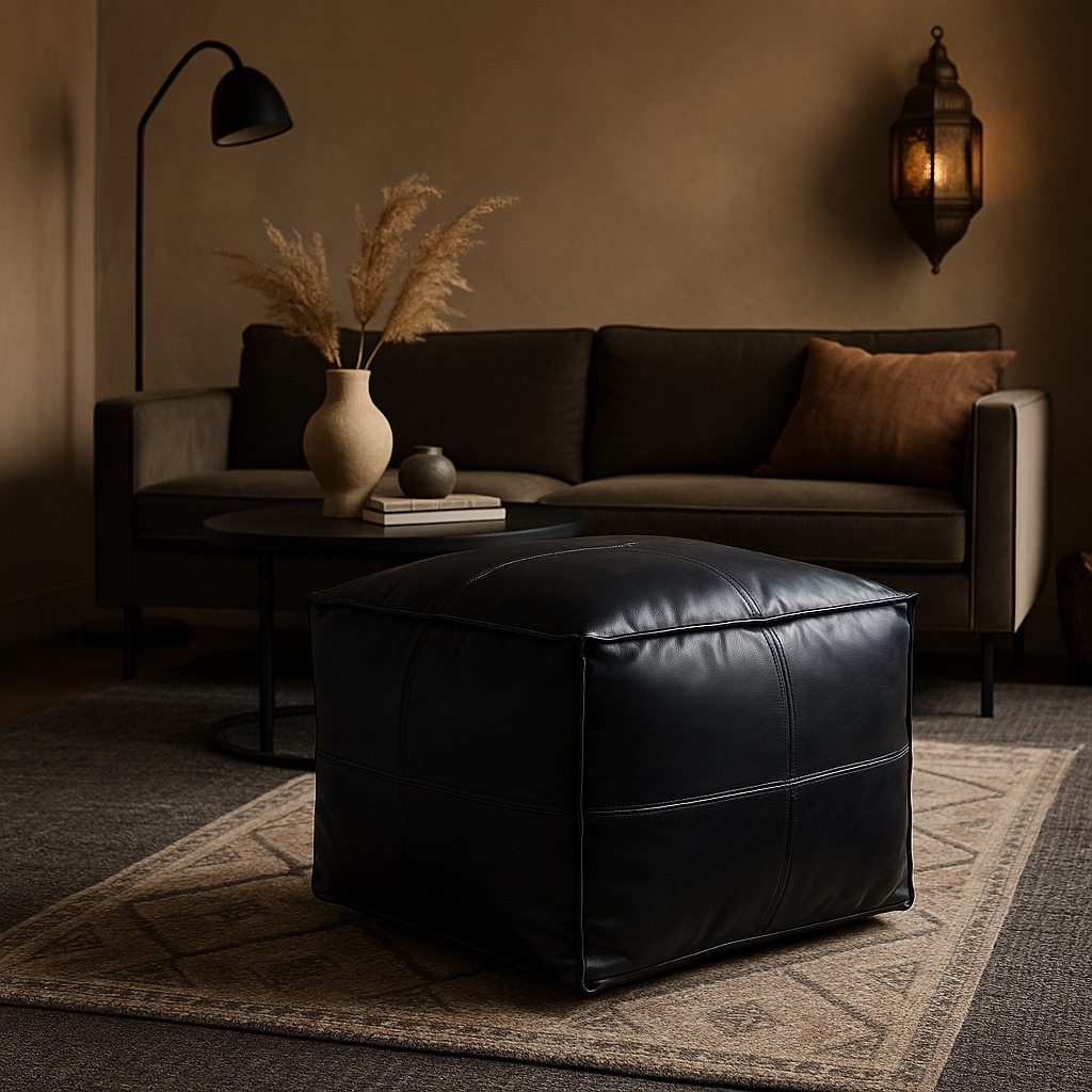 Onyx Stitch Square Moroccan Leather Ottoman