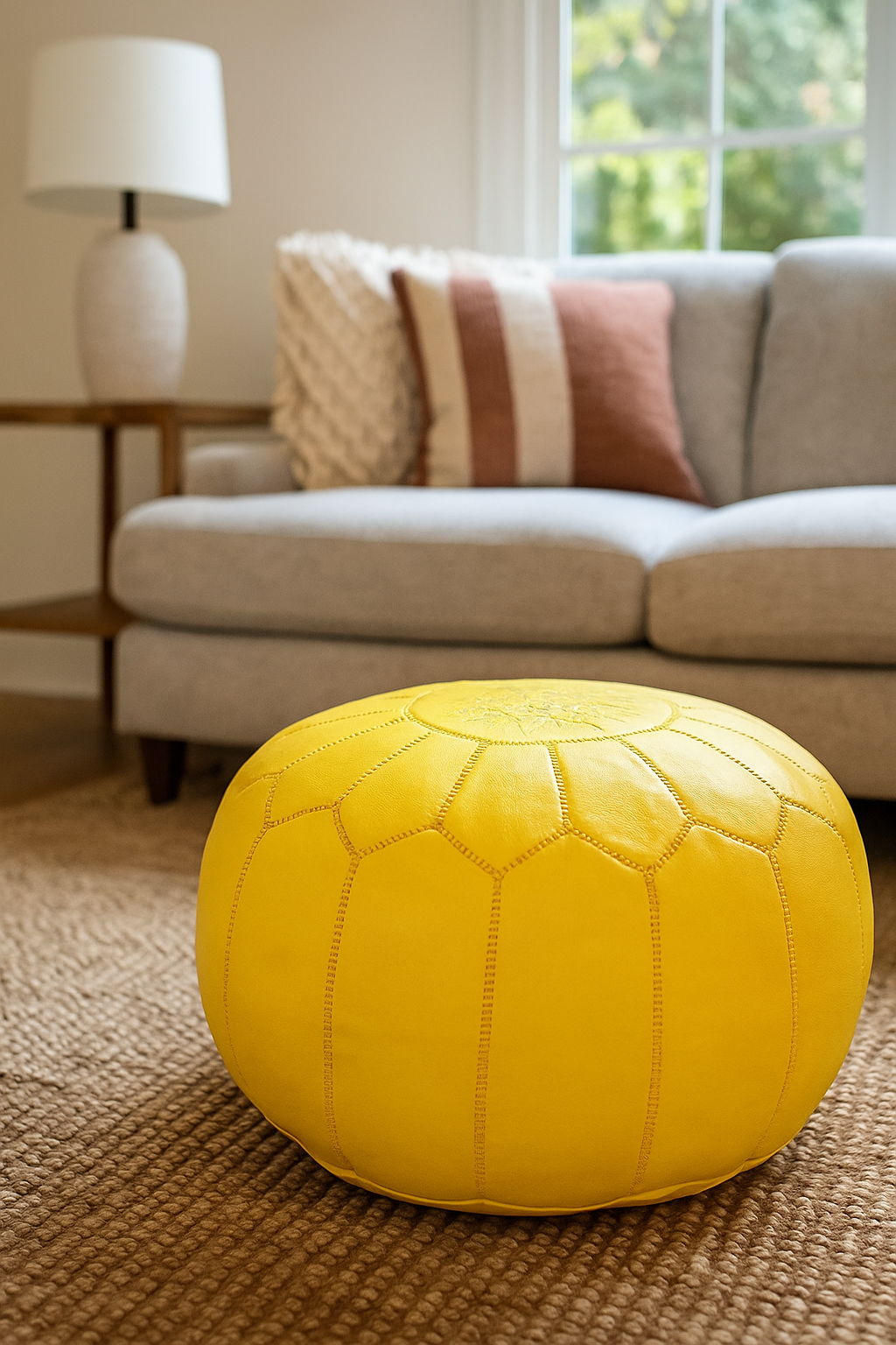 Saffron Yellow Moroccan Leather Ottoman Pouffe
