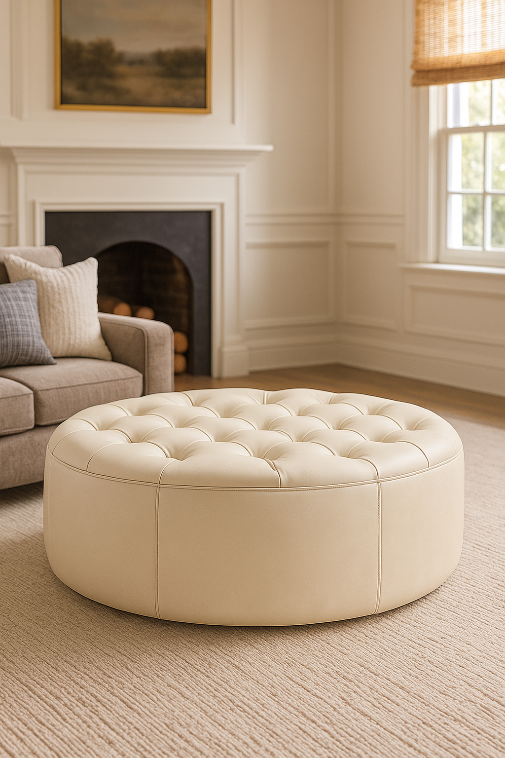 Sahara Ivory Round Moroccan Leather Ottoman