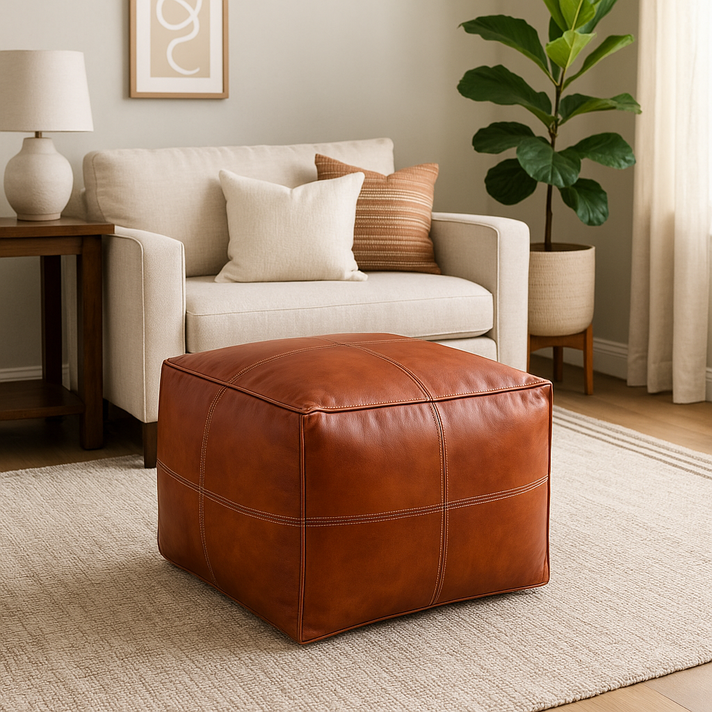 Sunset Thread Square Moroccan Leather Ottoman