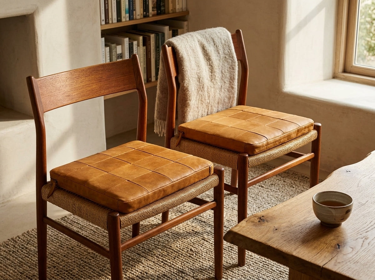 Agafay Souk Mustard Yellow Square Woven Leather Chair Pad