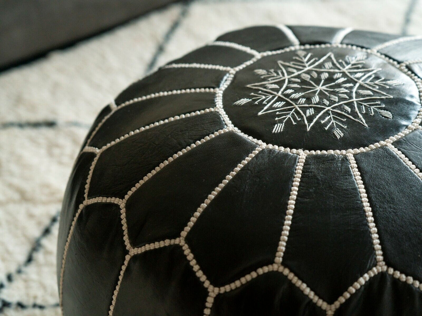 Black Moroccan leather Ottoman Pouffe