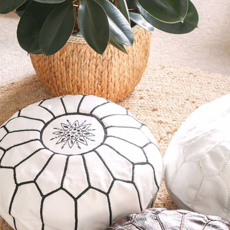 White Moroccan Leather Ottoman Pouffe