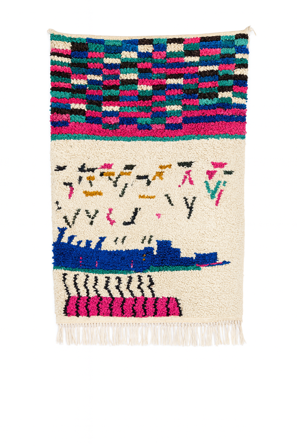 Handwoven Azilal mini rug with multicolor mosaic pattern, scattered symbols, and bold blue horizon band.
