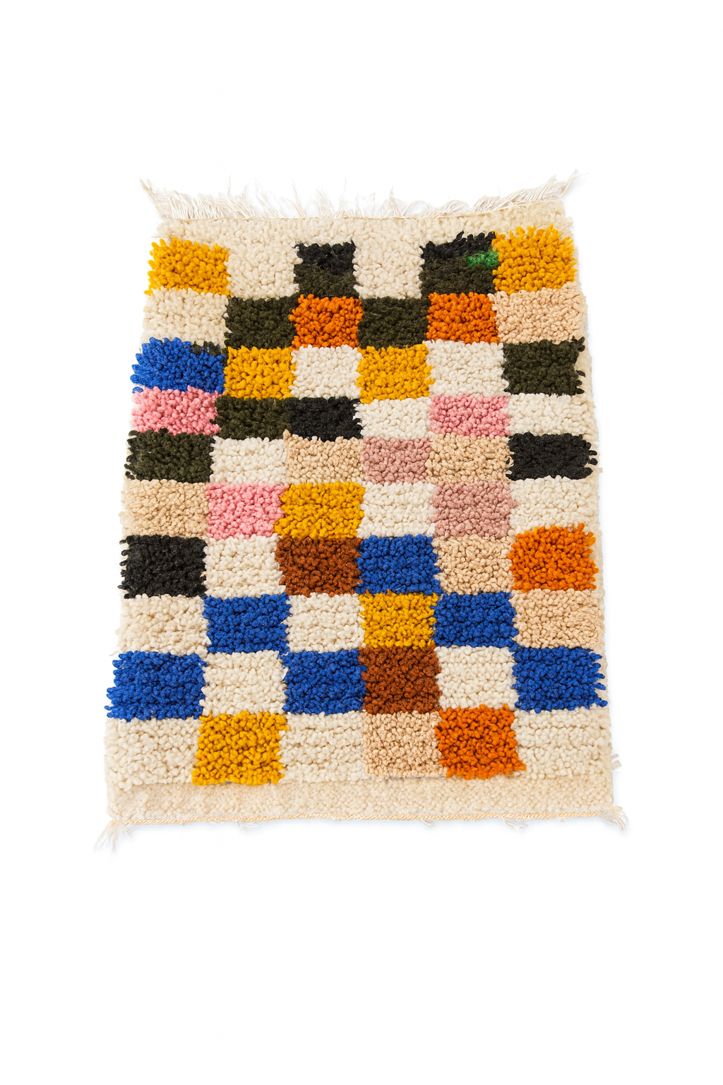 Handwoven Azilal mini rug with multicolor textured patchwork pattern.
