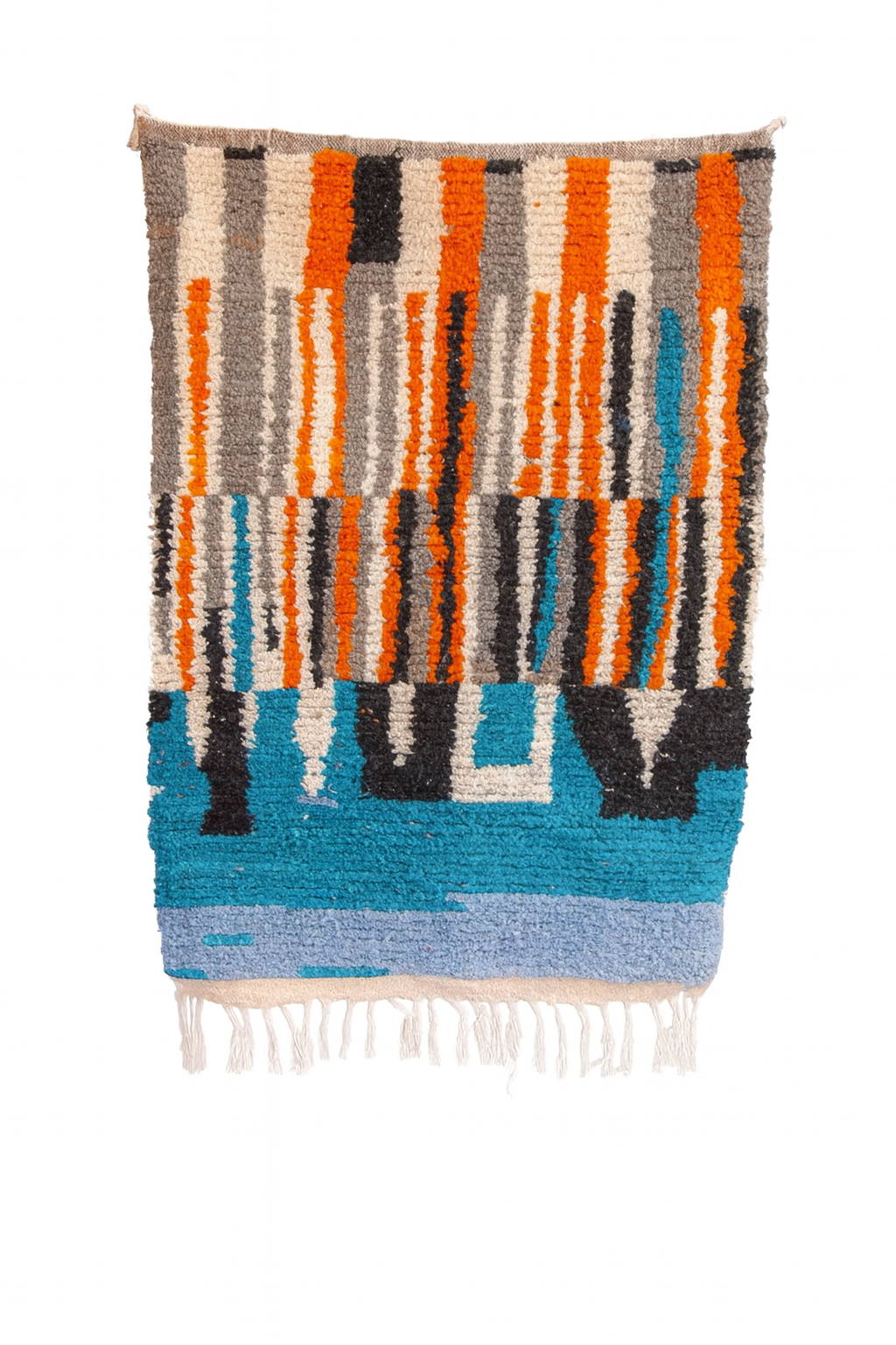 Handwoven Beni Ourain mini rug with amber, aqua, grey, and charcoal vertical color block pattern.
