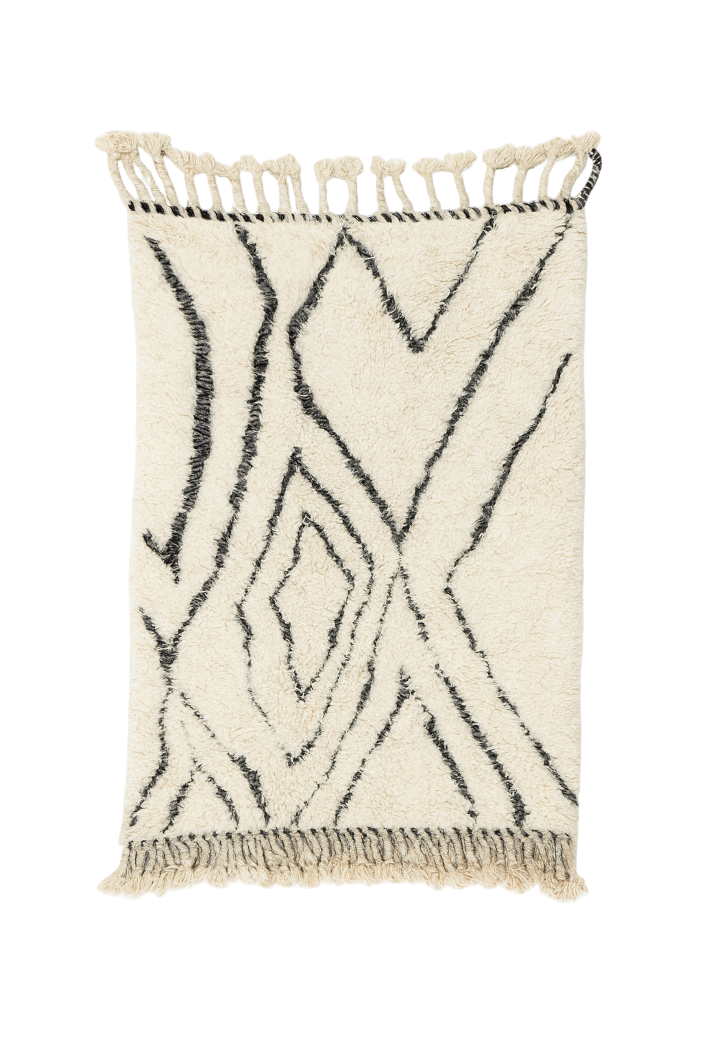 Handwoven Beni Ourain mini rug with ivory base and charcoal diamond line pattern.

