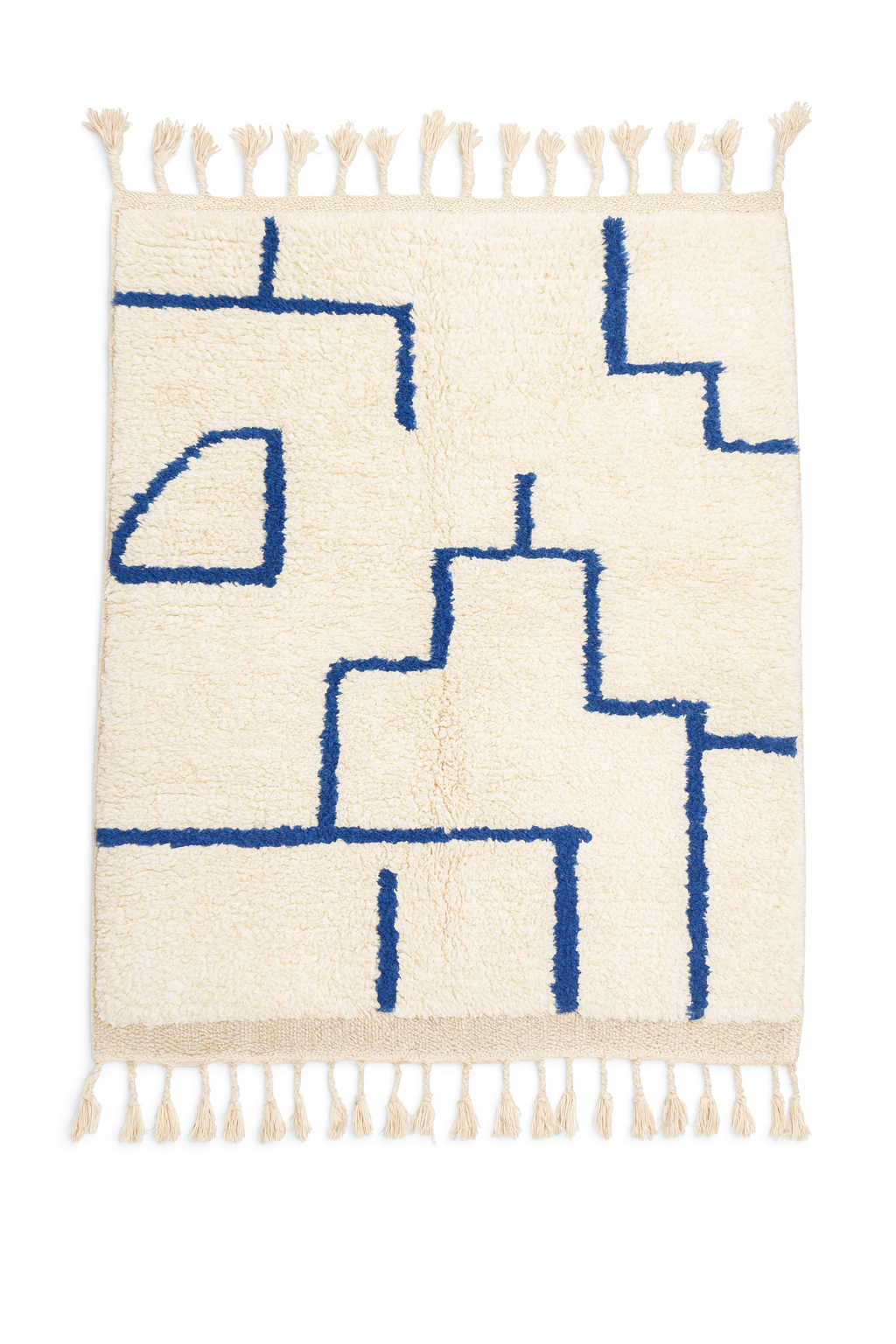 Handwoven Beni Ourain mini rug with ivory base and deep blue maze style line pattern.
