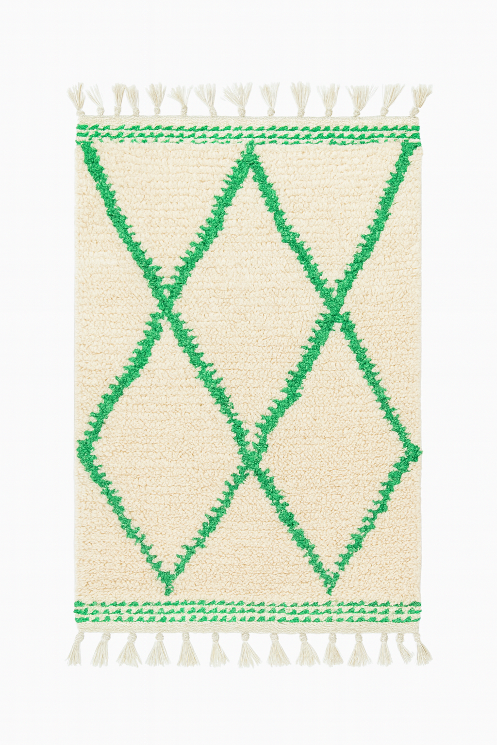 Handwoven Beni Ourain mini rug with ivory wool and bright green diamond lines.
