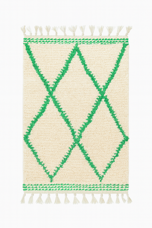 Handwoven Beni Ourain mini rug with ivory wool and bright green diamond lines.

