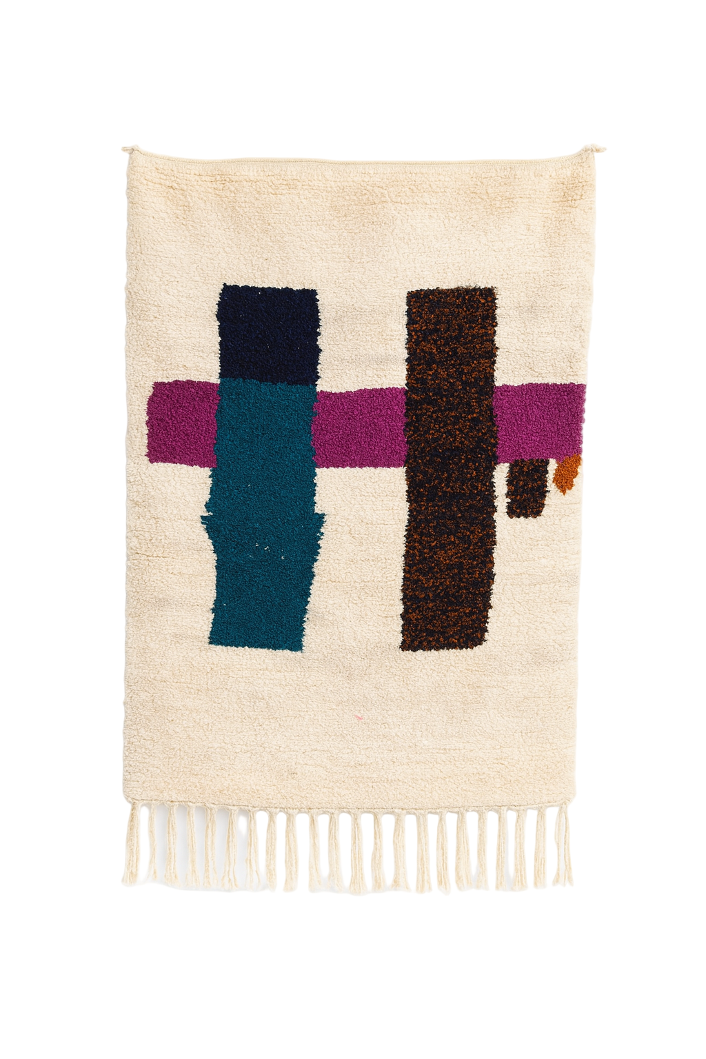 Handwoven Beni Ourain mini rug with ivory base and teal, navy, magenta, and brown cross motifs.
