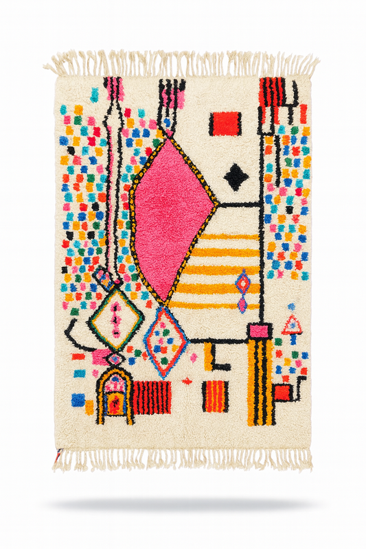 Handwoven Beni Ourain mini rug with ivory wool base and bold multicolor abstract motifs.

