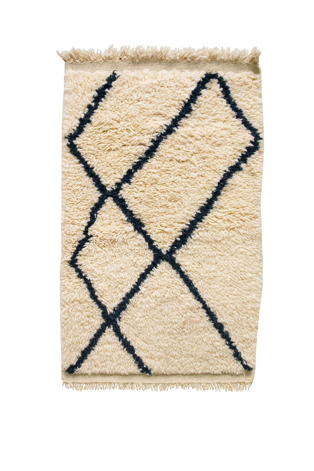 Handwoven Beni Ourain mini rug with ivory wool base and intersecting black diamond lines.
