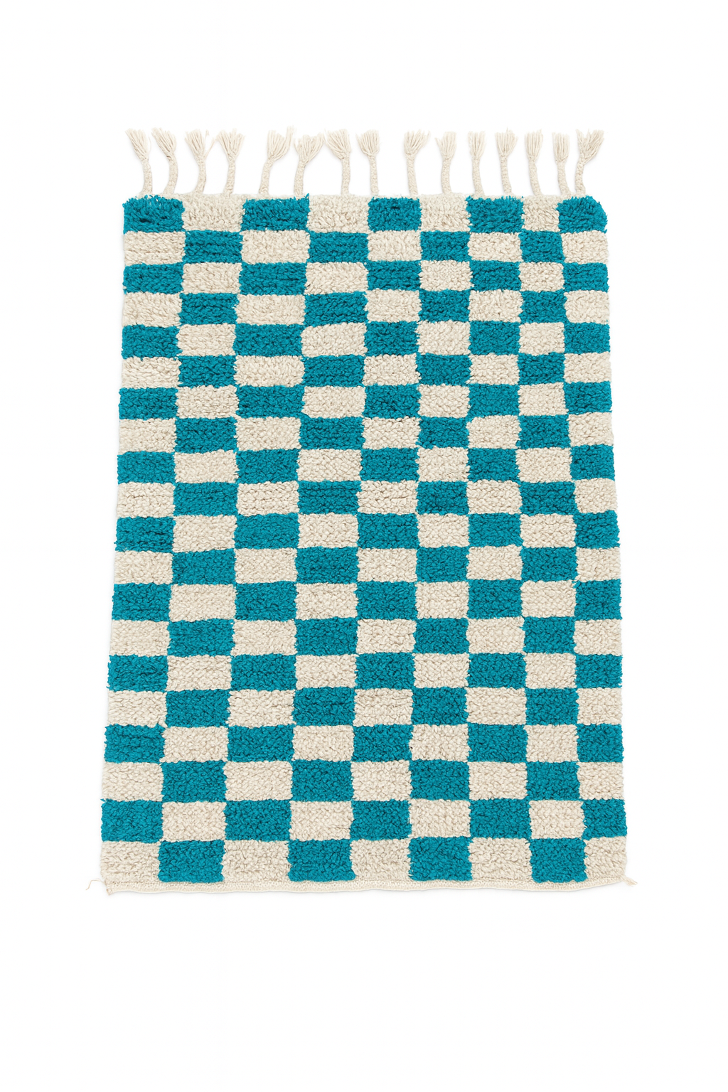 Handwoven Beni Ourain mini rug with ivory and teal checker grid pattern.
