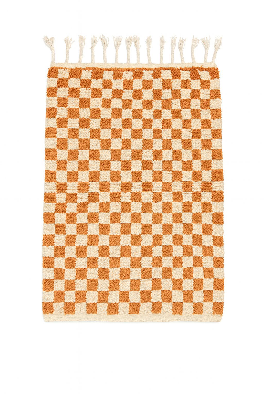 Beni Ourain mini rug in natural ivory wool with warm sandstone grid pattern, handwoven in Morocco.
