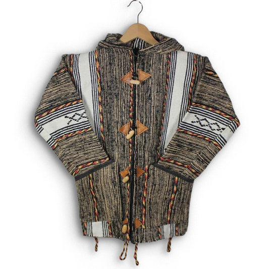 Handwoven Moroccan wool jacket in deep brown and black tones with Amazigh tribal patterns colorful braided accents and unisex hooded design with toggle closure
